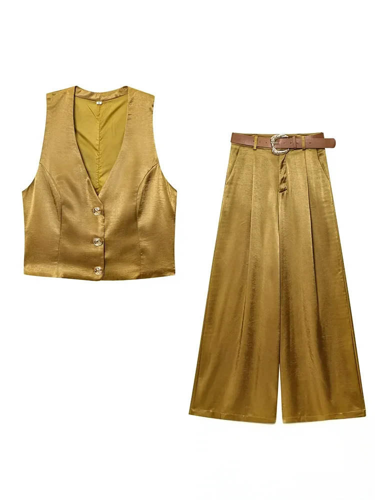 KONDALA Casual Chic Gelb Satin Frauen Anzüge V-ausschnitt Tasten Weste Hohe Taille Breite Bein Hosen Mode 2025, Sommer Urlaub Anzüge