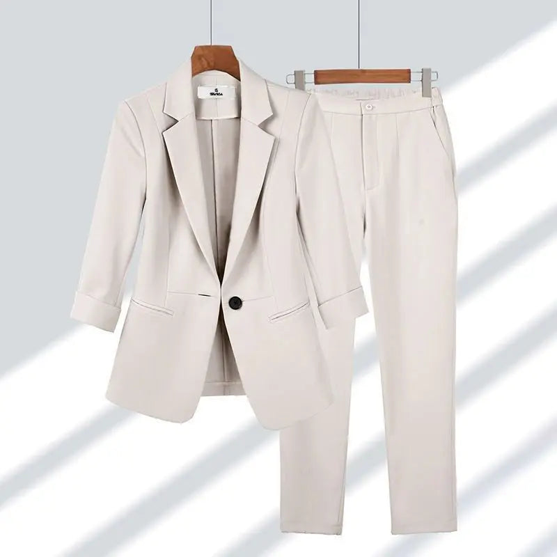Elegantes Damen-Hosenset Büro-Outfit Geschäftskleidung Sommer Neue Dünne Jacke Blazer Lässige Weite Hose Zweiteiliges Set