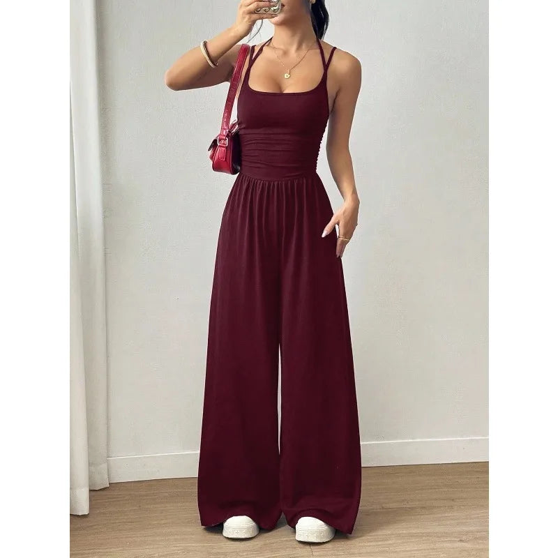 Damen Sommer Schwarz Lässiger Plissierter Lockerer Gerader Jumpsuit Ärmellos Hohe Taille Rückenfreier Overall Einfacher Trägeroverall