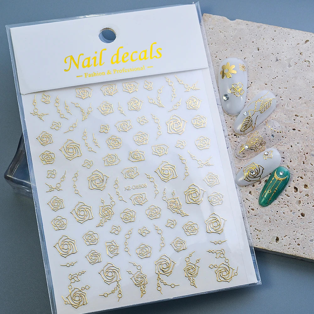 1 Blatt 3D Blattgold Blume Nail Art Aufkleber Blumenstrauß Blütenblatt Retro Nagelaufkleber Selbstklebende Blüte Charmante Maniküre Schieber