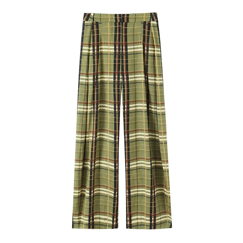 MUJER Karierte Hose mit weitem Bein für Damen, mittlere Taille, lockere Hose, Damen-Streetwear, lässige Damenhose, Urlaub, Vintage-Hose für Damen