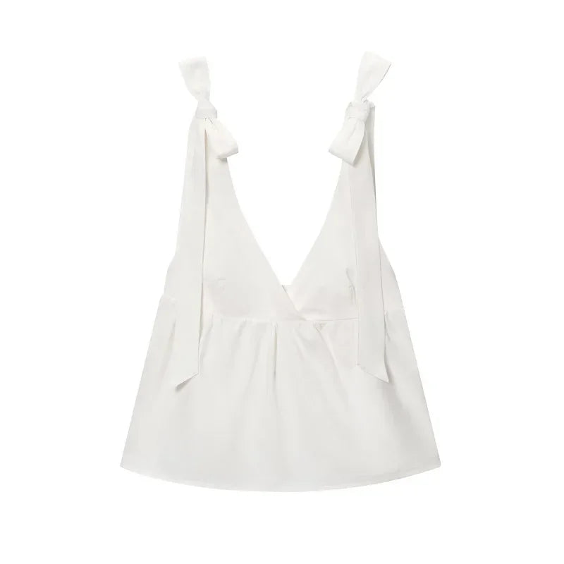 MUJER Weiße Mini-Shorts-Sets für Damen, 2-teilig, gerüscht, mittlere Taille, Damen-Shorts, Anzug, rückenfreies Oberteil, Urlaubs-Outfits, Damen-Sets