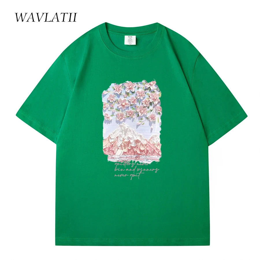 WAVLATII Damen-T-Shirts aus 100 % Baumwolle, Sommer-T-Shirts für Damen, Lavendel, Streetwear, bedruckte T-Shirts, grün, lässig, kurzärmelig, WT2328