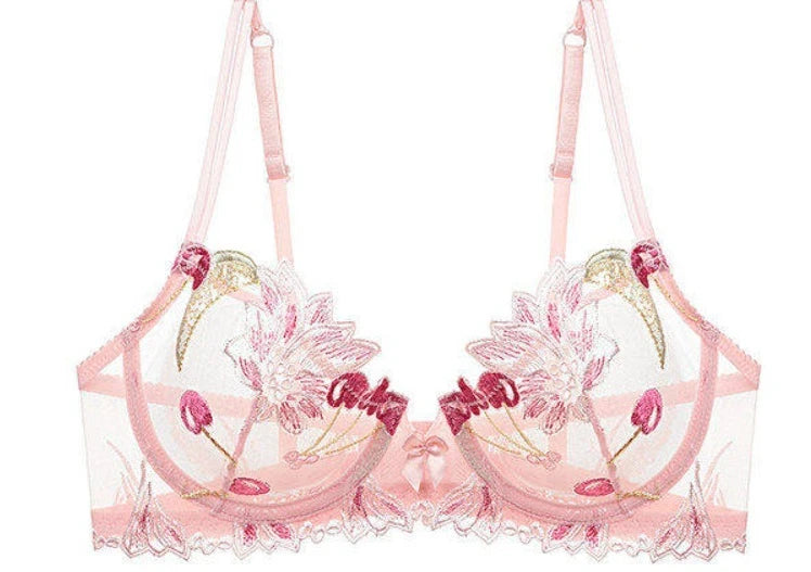 Eleganter Kirschblüten-Stickerei-Spitzen-Bügel-BH, ultradünn, Minimizer, stützend, Anti-Sagging, seitlich glättend für große Brüste, Größen 32-38, Set