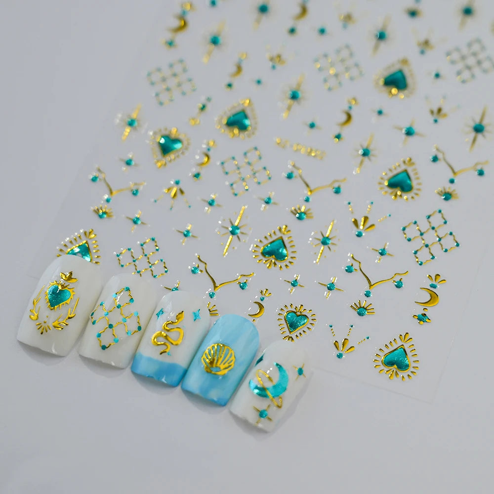 6 Stück 3D Blaue Herz-Nagelaufkleber Bronzierte Gold Silber Stern Mond Sonne Selbstklebende Slider Y2K Nagelkunst Abziehbilder Maniküre Dekoration