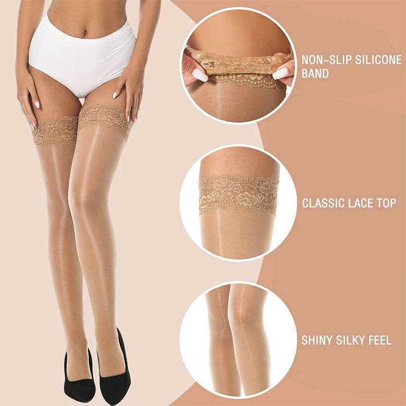 1 Paar glänzende seidige Strümpfe für Damen, Pferdeöl, hohe Strumpfhosen mit Silikon-Spitzenoberteil, Sommer, sexy elastische hohe Socken