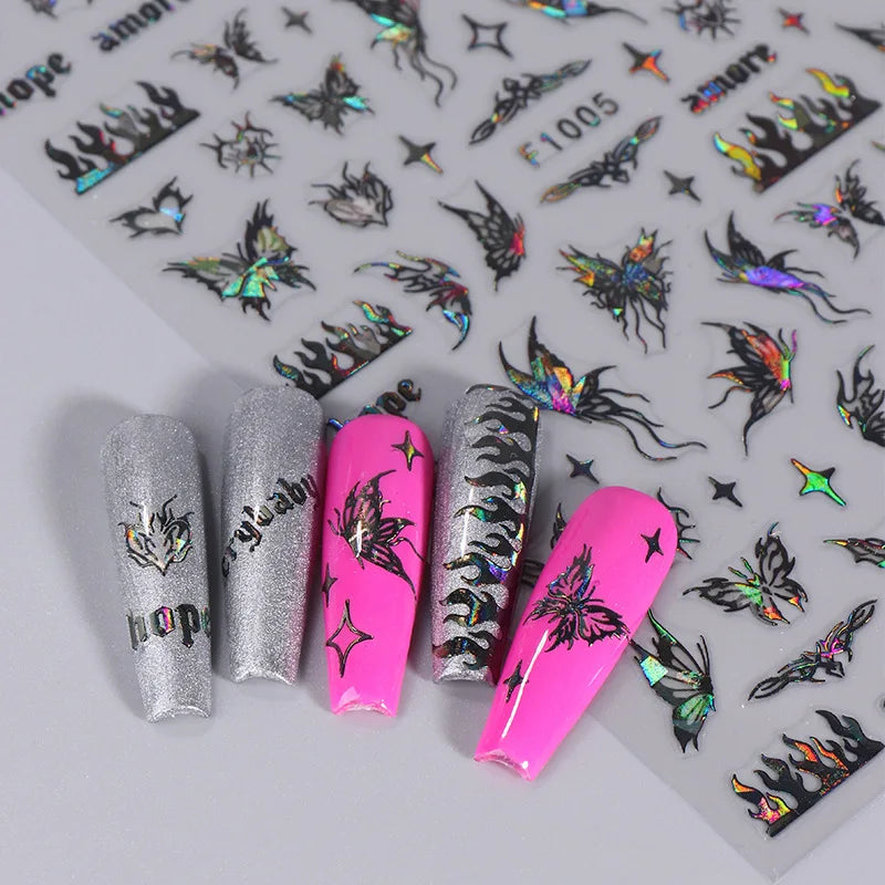 1PCS Schwarz Weiß Schmetterling Laser Nagel Aufkleber Y2K Nail art Dekoration Abstrakte Linien Bronzing Blumen Aufkleber Für Nägel