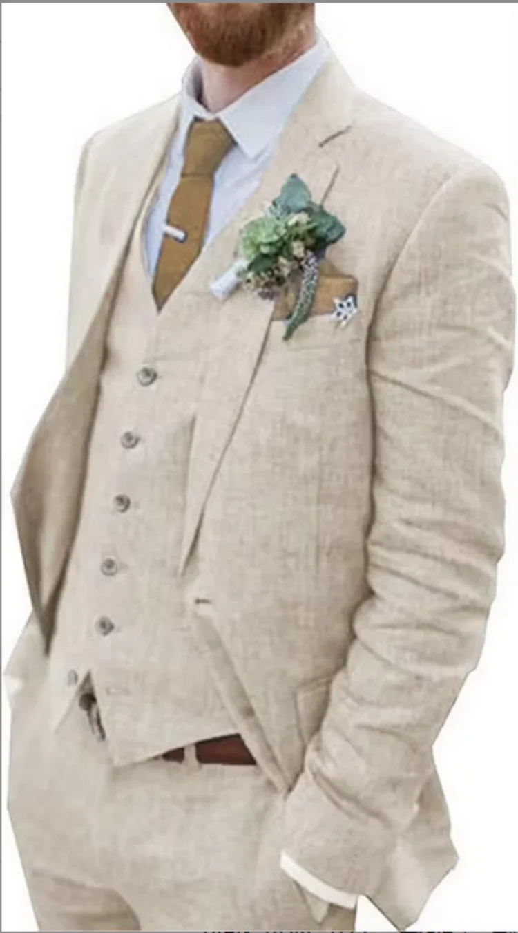 Beige/Blauer Leinenanzug für Herren, 3-teilig, Slim Fit, formell, für Hochzeit, Abschlussball, Smoking-Set, Trauzeugenanzug, Bräutigam-Kostüm, Herrenanzug, neues Design