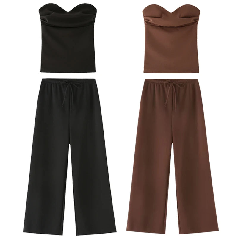 HXAO Rüschen-Hosen-Sets für Damen, zweiteiliges Set, trägerlos, bauchfrei, rückenfrei, Röhrenoberteil, Anzug, schicke Schnürung, weites Bein, Hosen-Sets, Outfits