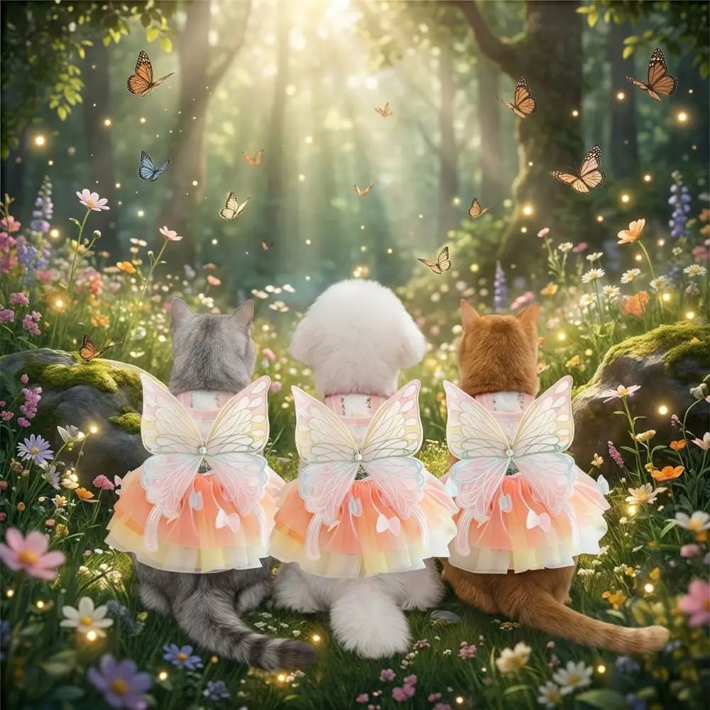 Niedliche Regenbogen-Schmetterlingskleider für Katzen und Hunde, Spitzen-Tutu-Prinzessinnenkleid, leichtes Tüll-Tragekleid für Kätzchen und Welpen