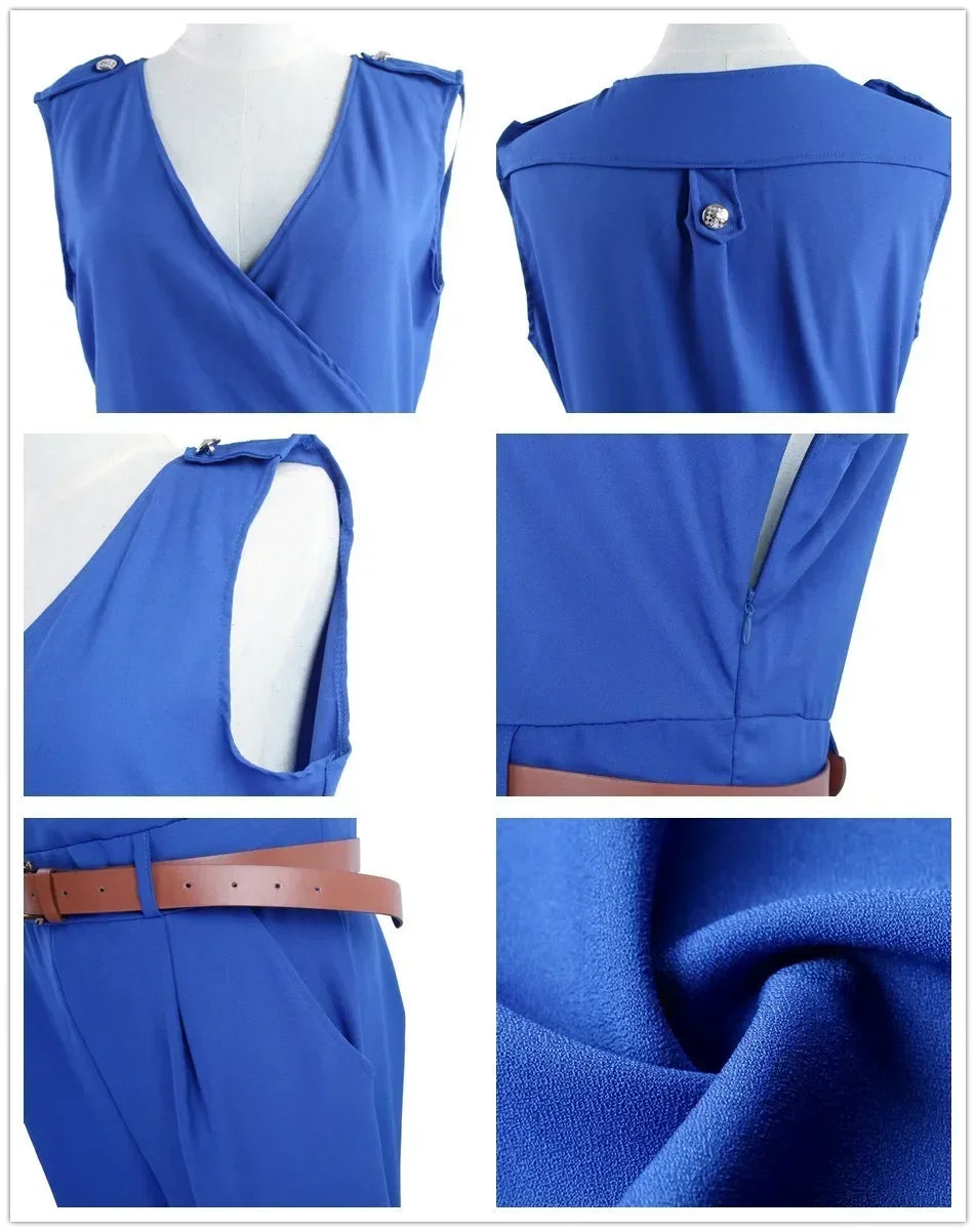 Damen Jumpsuit Sexy Ärmellos Tiefer V-Ausschnitt Weites Bein Jumpsuit Romper Mit Gürtel