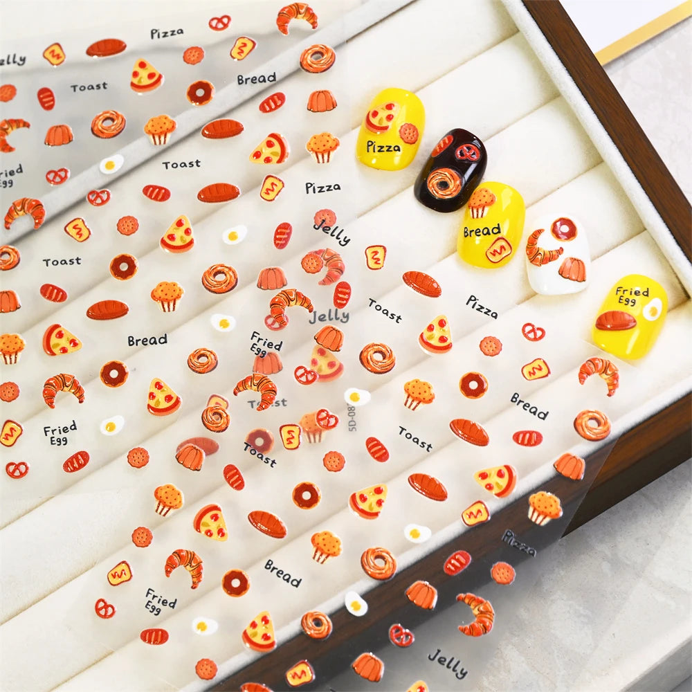 1 Blatt 5D Cartoon Toast Pizza Nagelaufkleber Niedliche Geprägte Brot-, Spiegelei- und Keks-Nagelsticker Frühstücks-Nagelslider