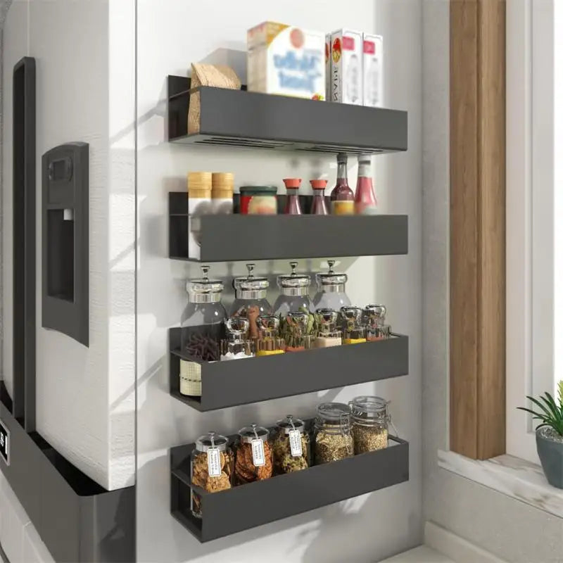 Magnetisches Kühlschrankregal, Gewürzlagerregal, Kühlschrank-Seitenregal, schwarzes Eisen, platzsparendes Küchen-Organizer-Regal für den Haushalt