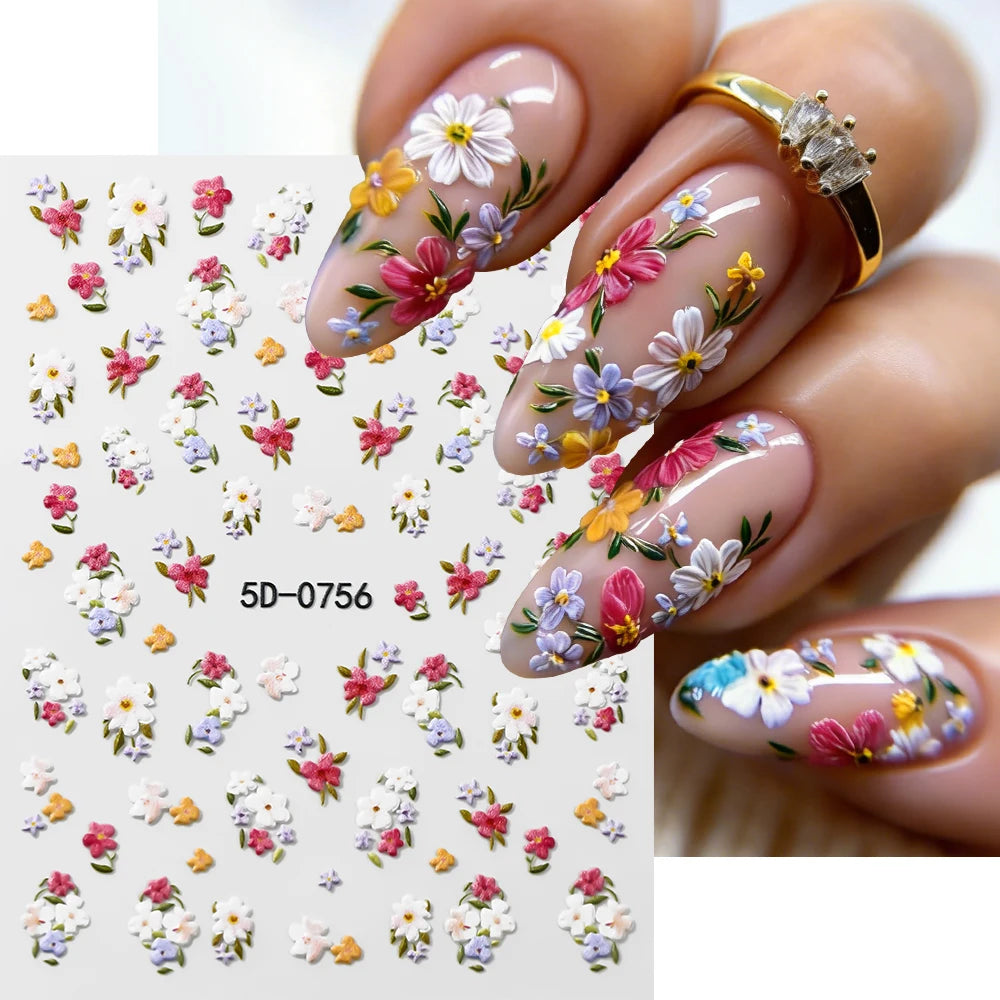 1 Stück 5D Relief Bunter Gänseblümchen-Nagelaufkleber Grünes Blatt Gänseblümchen-Nageldekor Frühlings-Klebefolie Gänseblümchen-Nagelslider