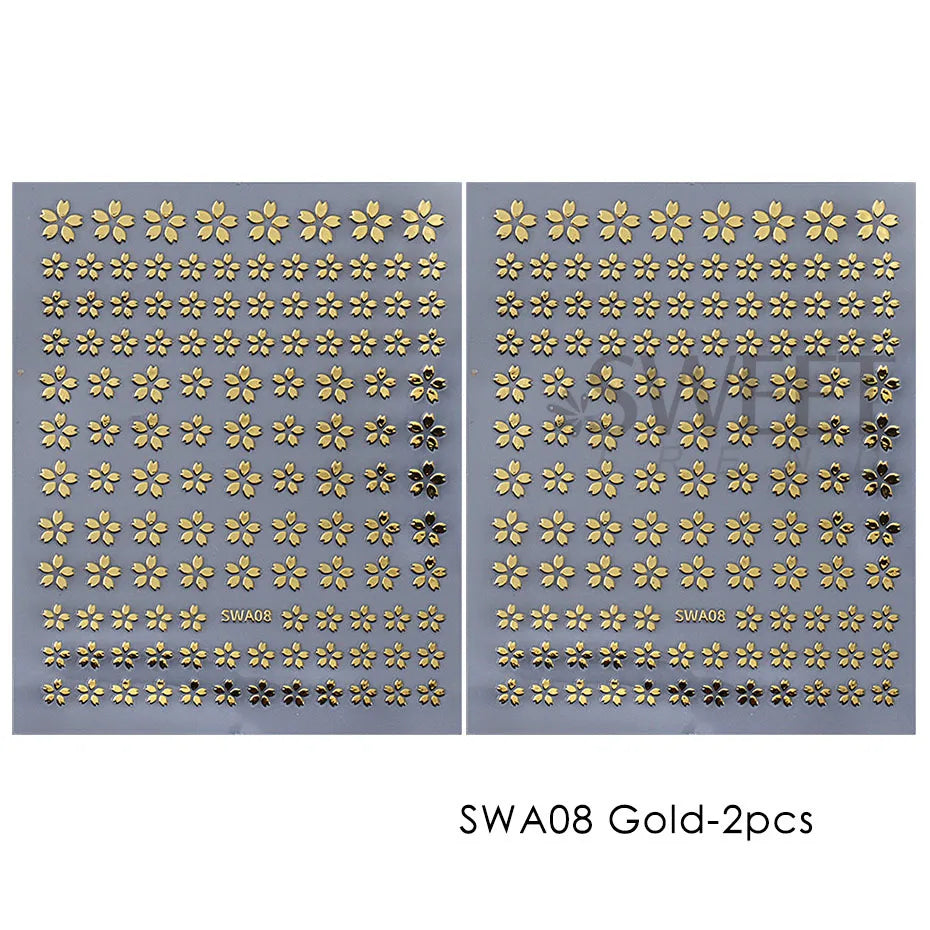 2/3 Stück holografische Sakura-Blumen-Nagelaufkleber, Kirschblütenblatt-Design, Silber, Gold, Blumenmuster, Sommer-Klebeaufkleber, Maniküre-Spitze