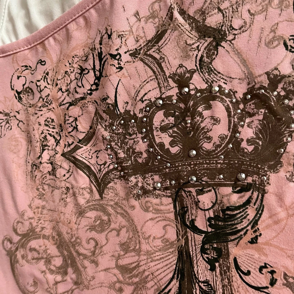 Y2K Harajuku Damen Millennium Kurzarm Top Harajuku Rosa Bedruckt Lässige Mode Street Style Süß Sexy Millennium Style