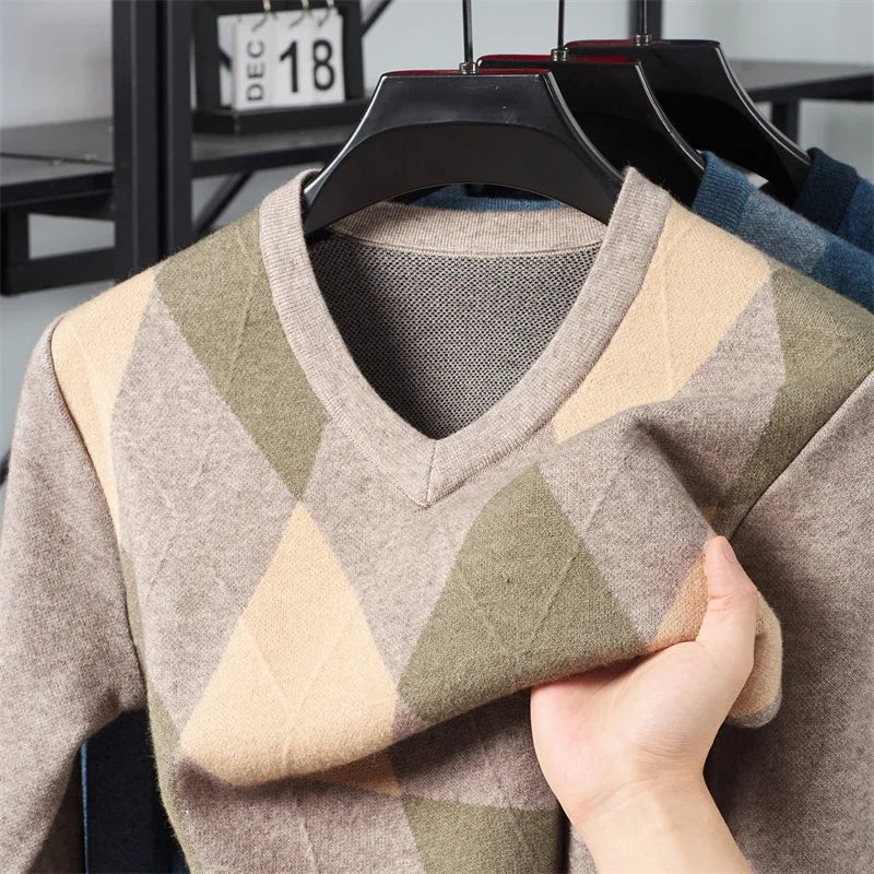 Winter Warm Neue männer Plaid V-ausschnitt Langarm Pullover Gestrickte Pullover Mode Lässig Vielseitig Top