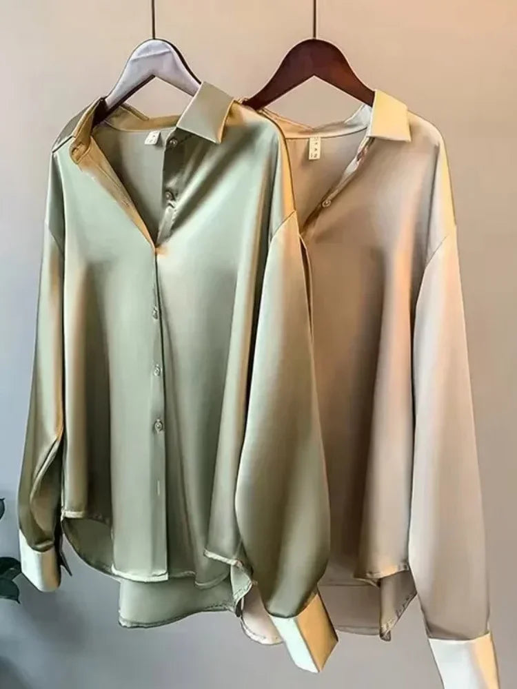 Herbst Umlegekragen Elegante Satin Lose Frauen Hemd 2026 Plus Größe Bluse Herbst Vintage Casual Taste Seide Tops