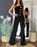 Damen Schulterfreier Asymmetrischer Jumpsuit mit Metallknöpfen und Weitem Bein Elegantes Party-Einteiler-Outfit