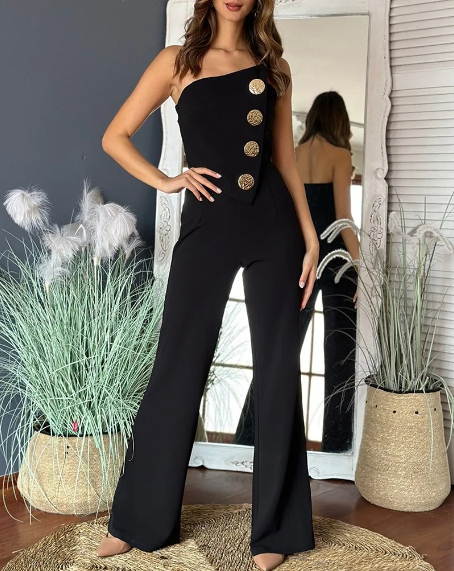 Damen Schulterfreier Asymmetrischer Jumpsuit mit Metallknöpfen und Weitem Bein Elegantes Party-Einteiler-Outfit