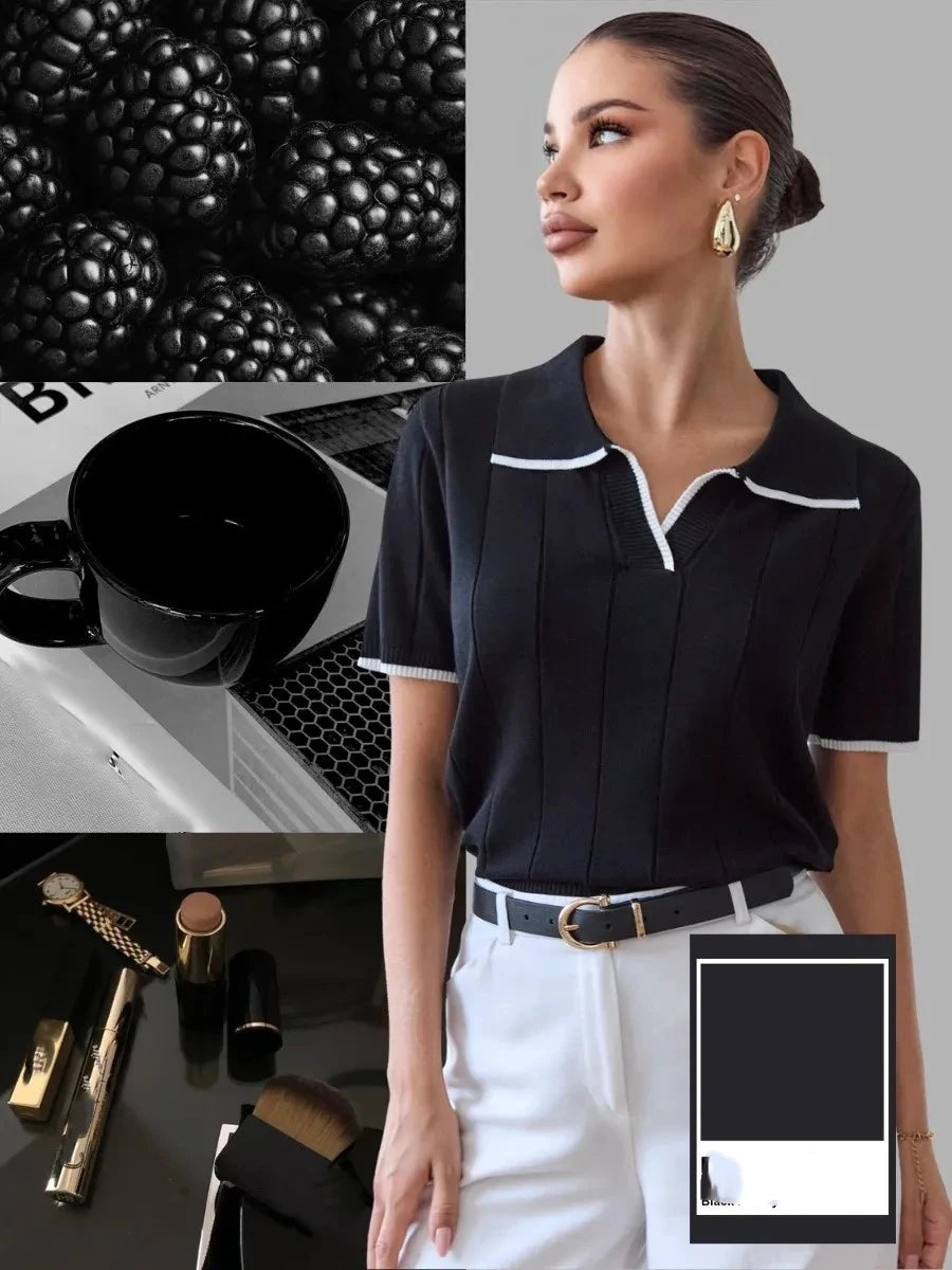 Braunes Kontrast-Poloshirt mit Weißer Einfassung für Damen Kurzarm V-Ausschnitt Slim Fit Lässige Strickware