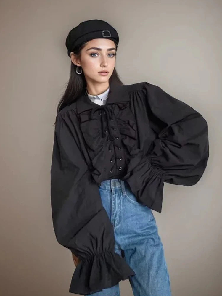 Zadily 2025, Sommer-Damen-Lolita-Rüschenbesatz, Stehkragen, Hemd, Schnürung, Laternenärmel, taillierte Taille, Vintage, elegante Party-Bluse