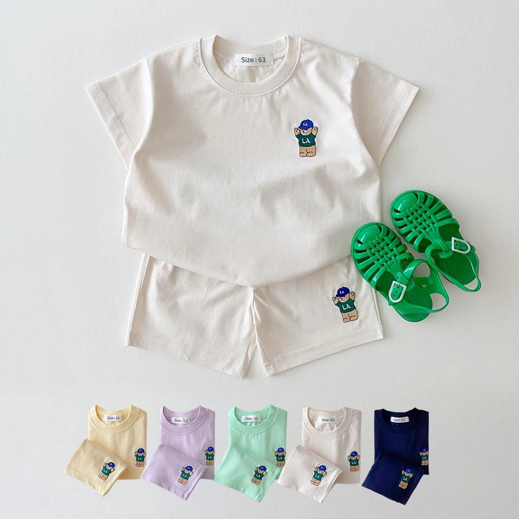 Koreanische Baby Boy Sommer Kleidung Set Gestickte Bär Bunte T-shirts T shirts + Lose Shorts Anzug 2PCS Pack Baby mädchen Kleidung Sets