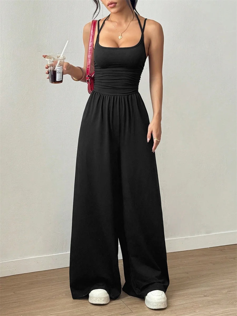 Damen-Jumpsuit mit Neckholder, geraffter Taille, U-Ausschnitt, weitem Bein, einfarbig, Sommer 2026, Alltagskleidung, Freizeit, für Büro und Studenten