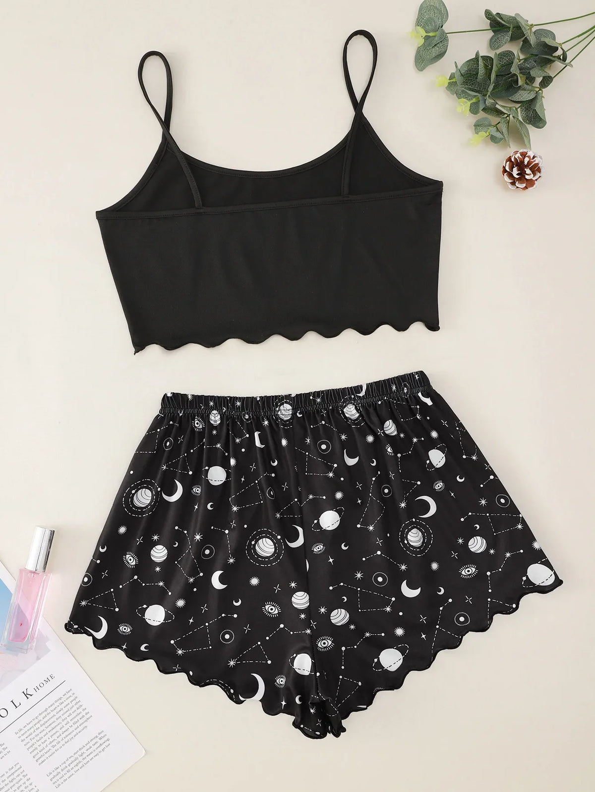 Damen-Nachtwäsche, Sommer-Pyjama-Set, Stern-Mond-bedruckt, ärmellos, Sling-Crop-Tops und Shorts, Set, Homewear, Loungewear