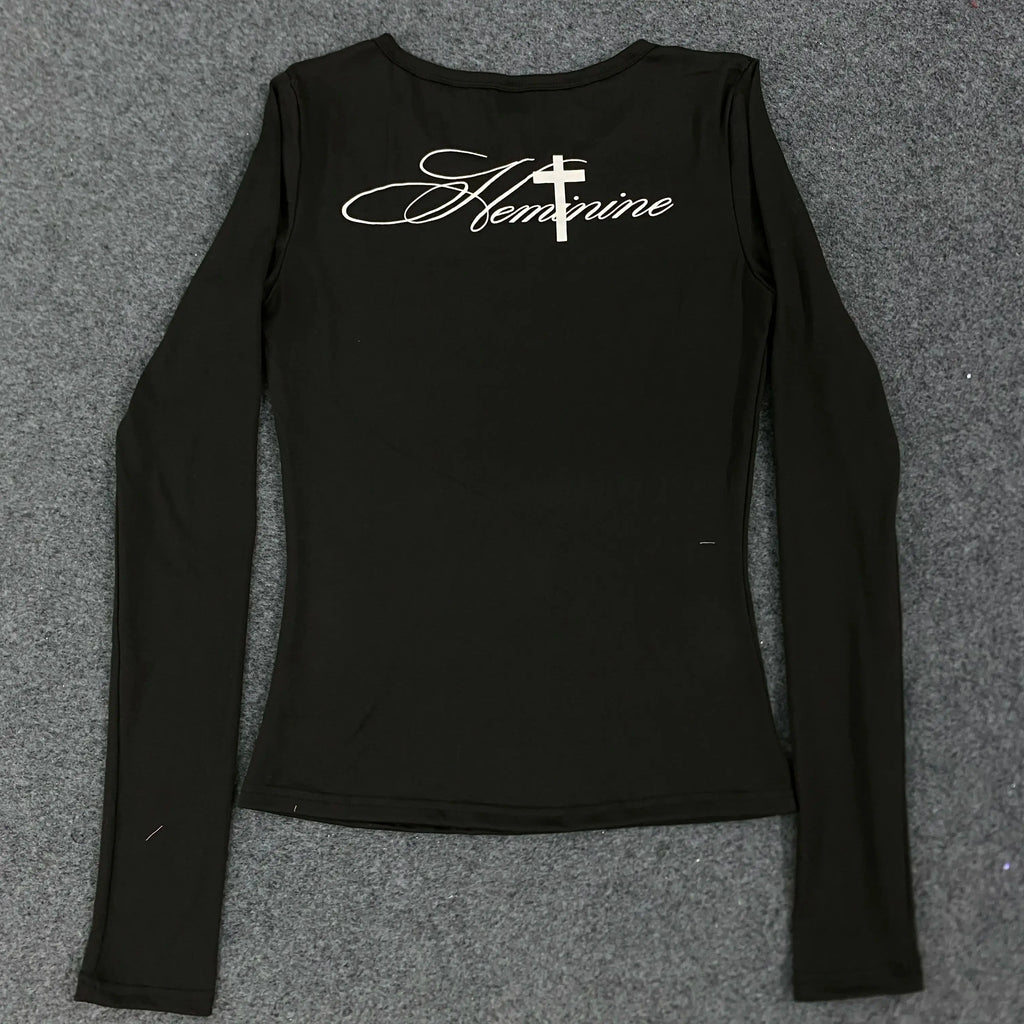 Y2K Harajuku Vintage Streetwear Gothic Grunge Punk Druck Damen Langarm T-Shirt Casual Slim Fit Sexy Chic Emo Mädchen Crop Top