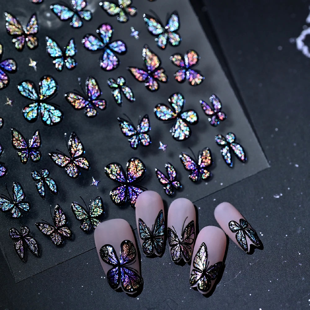 1 Stück Schillernder Schmetterling Nagelkunst-Aufkleber 5D Katzenauge Glitzer Bunter Schmetterling Sternenlicht Nagelaufkleber Selbstklebende Nageldekoration