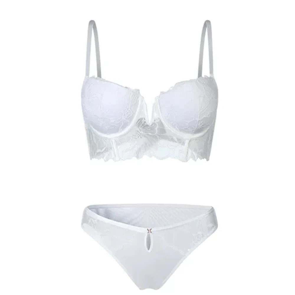 Elegantes Blumenmuster Durchsichtiges Spitzen-Lingerie-Set Damen Bügel-BH mit Langer Wirkung und Slip Hochzeitsnacht Unterwäsche