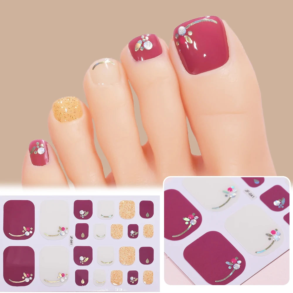 22 Tipps goldene Glitzer-Nagelaufkleber für Füße, 5 Farben, 11 Größen, vollständige Abdeckung, Fußkunst-Aufkleber, einfach zu erreichen, Zehen-Maniküre-Dekoration