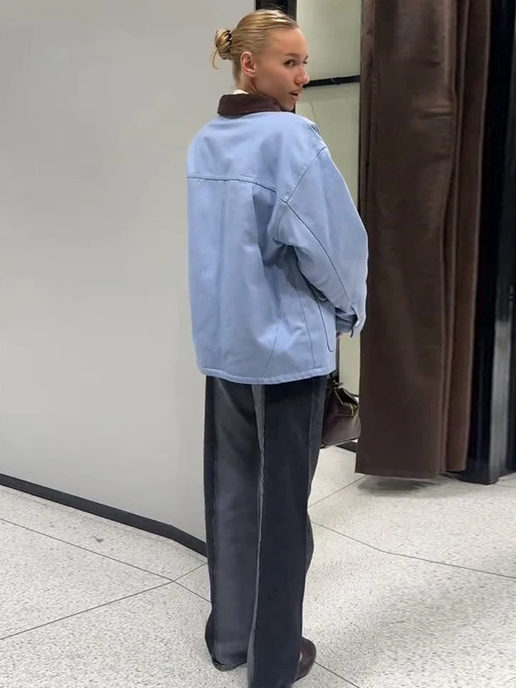 Lässige Blaue Jacke mit Mehreren Aufgesetzten Taschen für Damen, Cordkragen, Einreihiger Mantel, Schicker Street-Style, Frühlingsjacke