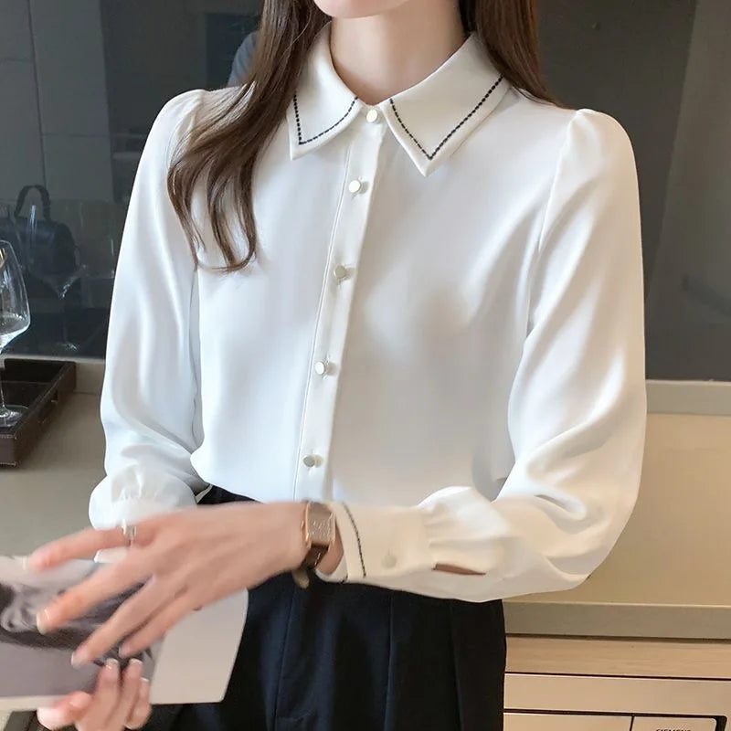 Frauen Frühling Herbst Stil Blusen Hemden Dame lässig Langarm Turn-Down-Kragen einfarbig Blusas Tops df4959