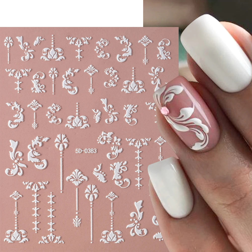 1 Stück 5D geprägte weiße Spitze Blume Nail Art Aufkleber Acryl Blumen Blatt Schmetterling Charme selbstklebende Schieber 10 * 8 cm Maniküre Aufkleber