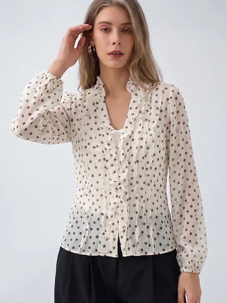 HH Damen Romantische V-Ausschnitt Polka Dot Bluse mit Puffärmeln, lässige einreihige elegante Party-Oberteile, Sommer Strand Urlaub Hemd