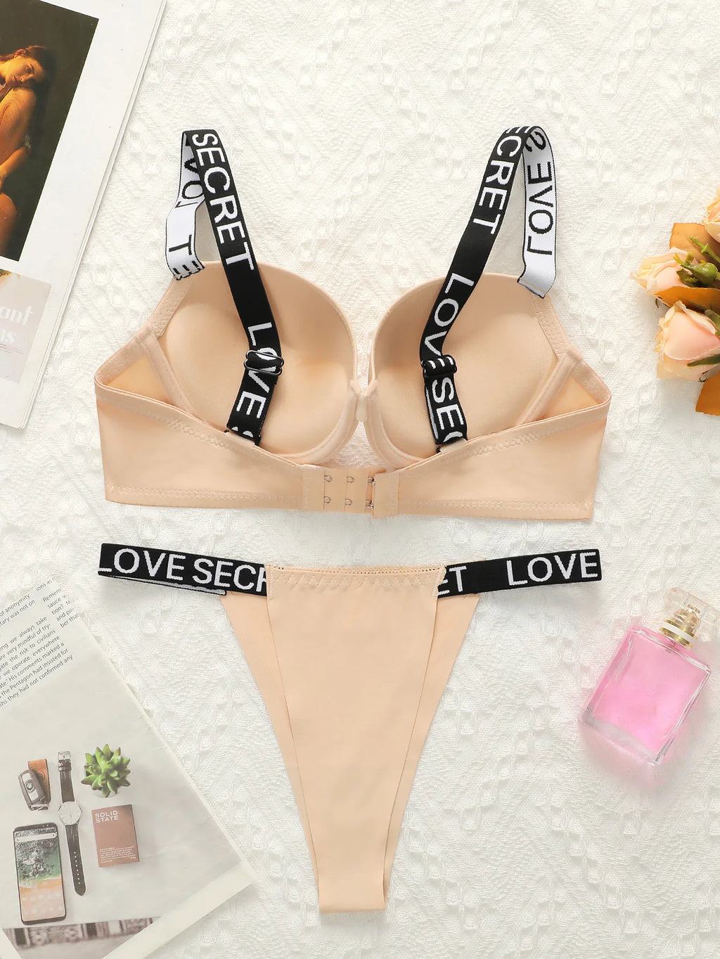 Push-up-BH-Set, Unterwäsche-Set, einfarbiges Set, Damen-Set mit Buchstabenmuster, geeignet für Schönheiten mit kleiner Brust, sexy Set B2050