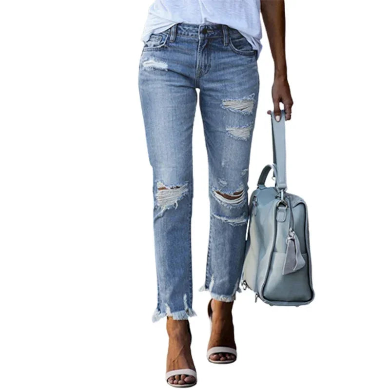 Mode gebrochene Löcher Quaste gerade Jeans Damen Mitte der Taille Knopf Spleißen Jeans hose Damen Trend Streetwear Freizeit hose