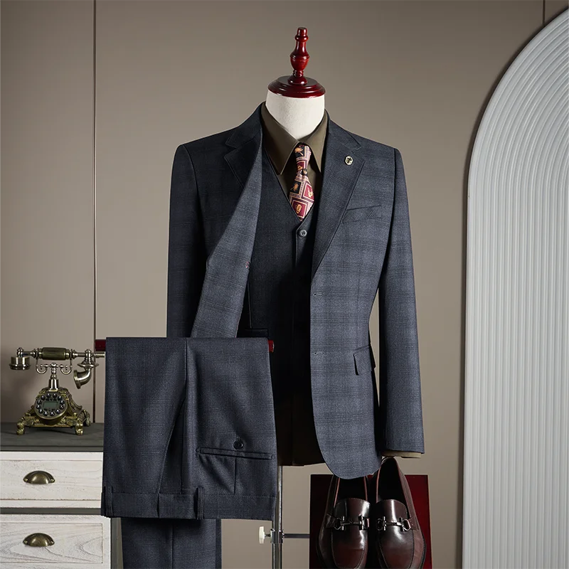 Hochwertiges, Modisches und Stilvolles Hochzeits-Casual-Karo-Anzug-Set, Herren Business-Casual-Anzug Dreiteiliges Set