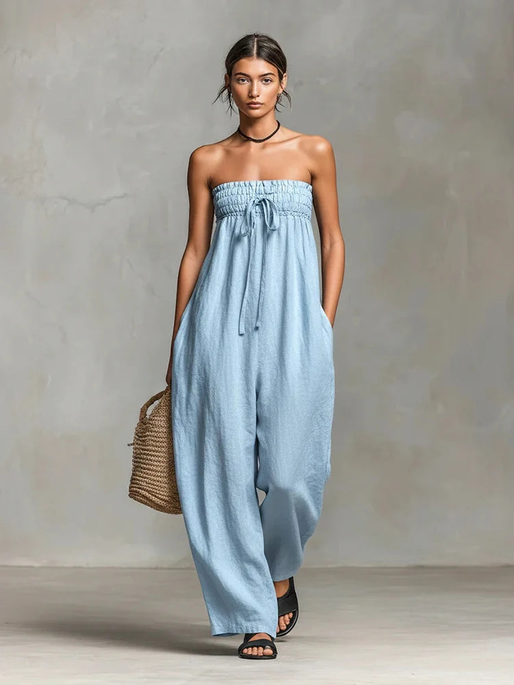 Damen Trägerloses Tube-Top Leinen-Jumpsuit mit Elastischem Gerafftem Oberteil, Sommerlicher Lässiger Ärmelloser Weiter Overall, Streetwear-Romper