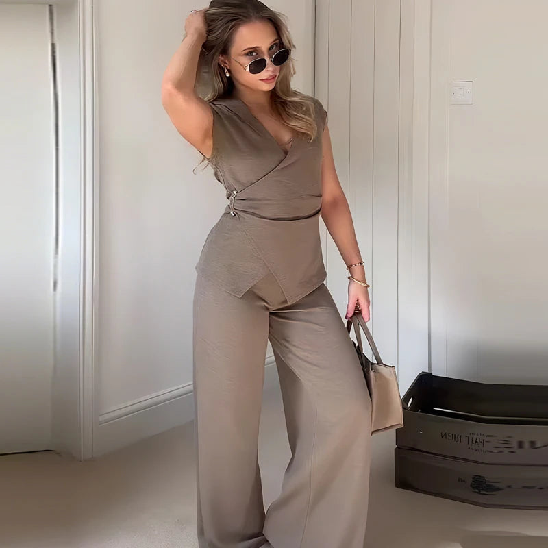 Damenanzug mit V-Ausschnitt Weste & Weite Hosen Set Elastische Taille Lockere Hosen für Damen 2026 Neu Elegantes Lässiges 2-Teiliges Set