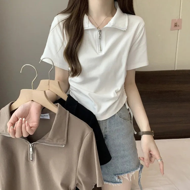 Damen Halbzip-Poloshirt Sommer Kurzarm Gerafftes Crop-Top mit Kordelzug Slim Fit Casual für Damen