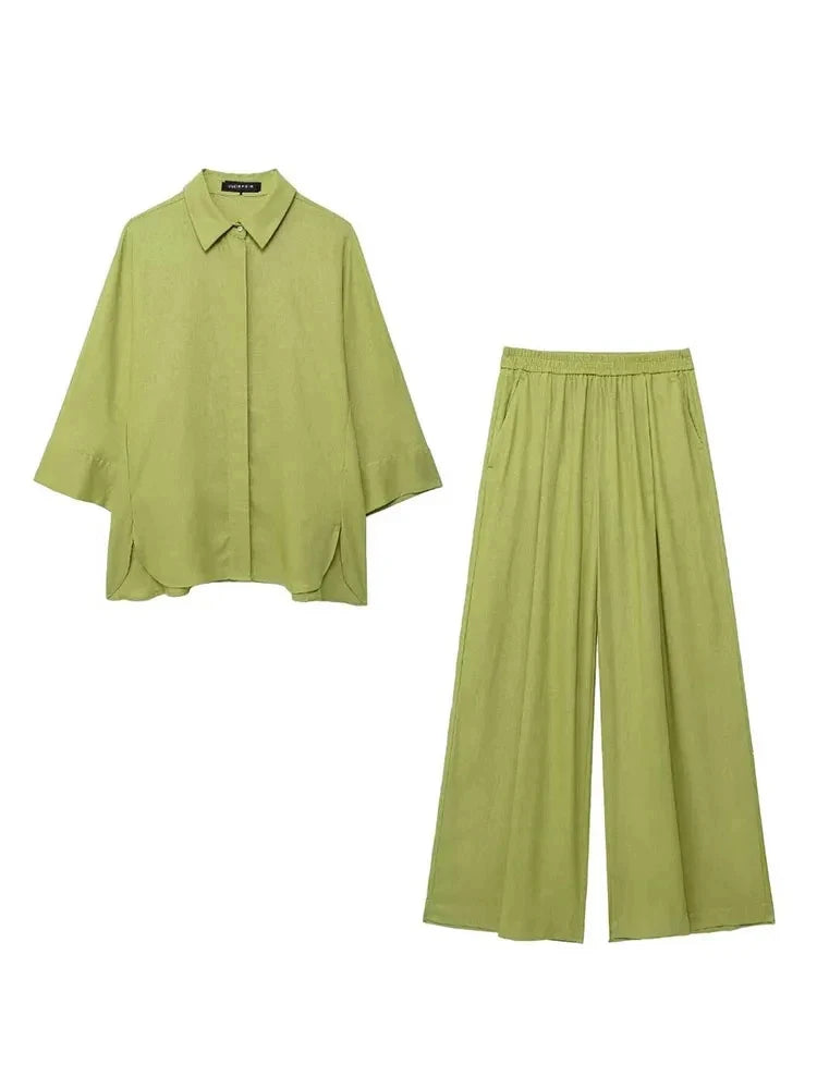 HH Frauen Casual Solide Lose Hemd Hosen Anzug 2024 Langarm Revers Shirts Elastische Taille Breite Bein Hosen Büro Dame set