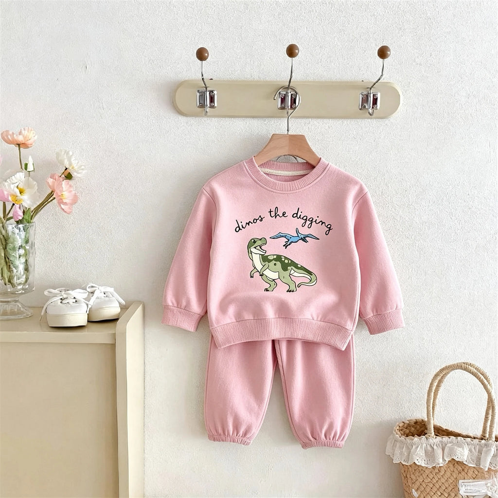 Dinosaurier-bedrucktes Baby-Sweatshirt-Set mit langen Ärmeln für Mädchen, Frühlings- und Herbstkleidung, Cartoon-Mode, zweiteilige Outfits für Kinder, Kinderset