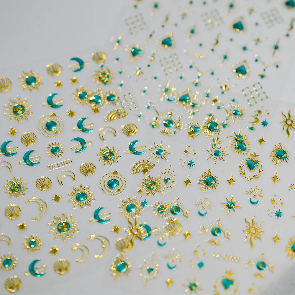6 Stück 3D Blaue Herz-Nagelaufkleber Bronzierte Gold Silber Stern Mond Sonne Selbstklebende Slider Y2K Nagelkunst Abziehbilder Maniküre Dekoration