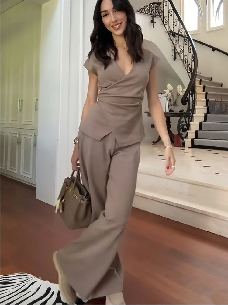HXAO Hosen-Sets, Damen-Anzug, Falten, Oberteil, Sporthose, Trainingsanzug, Sommer, zweiteiliges Set, Sportbekleidung, elegant, lässig, weiblich, 2-teiliges Set