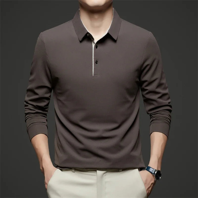Neues Herren-Poloshirt, Business-Casual, langärmelig, einfarbig, modisch, warm, bequem, vielseitiges Oberteil für vier Jahreszeiten