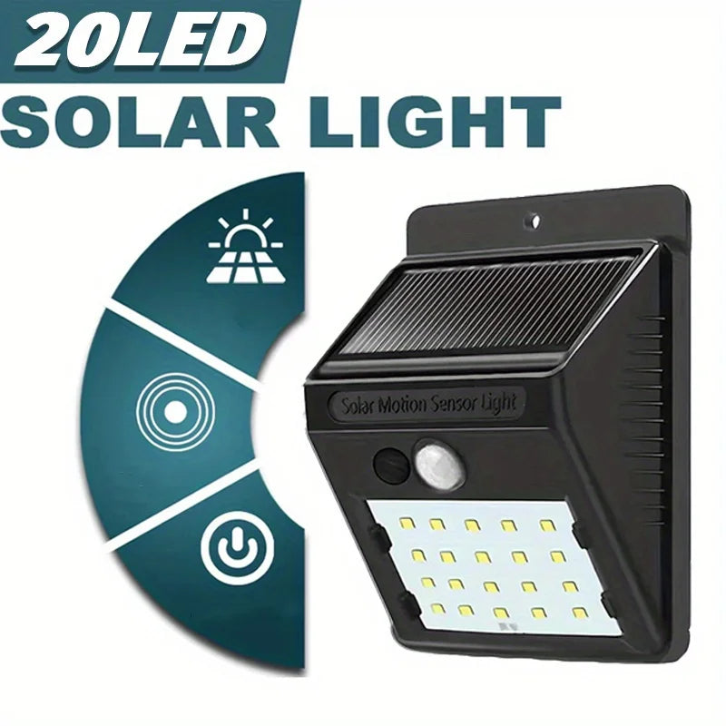 20 LED Solarleuchten für Außen mit 3 Modi, Wasserdichter Bewegungssensor, Sicherheitsbeleuchtung, LED-Wandstraßenlampe für Garten und Veranda