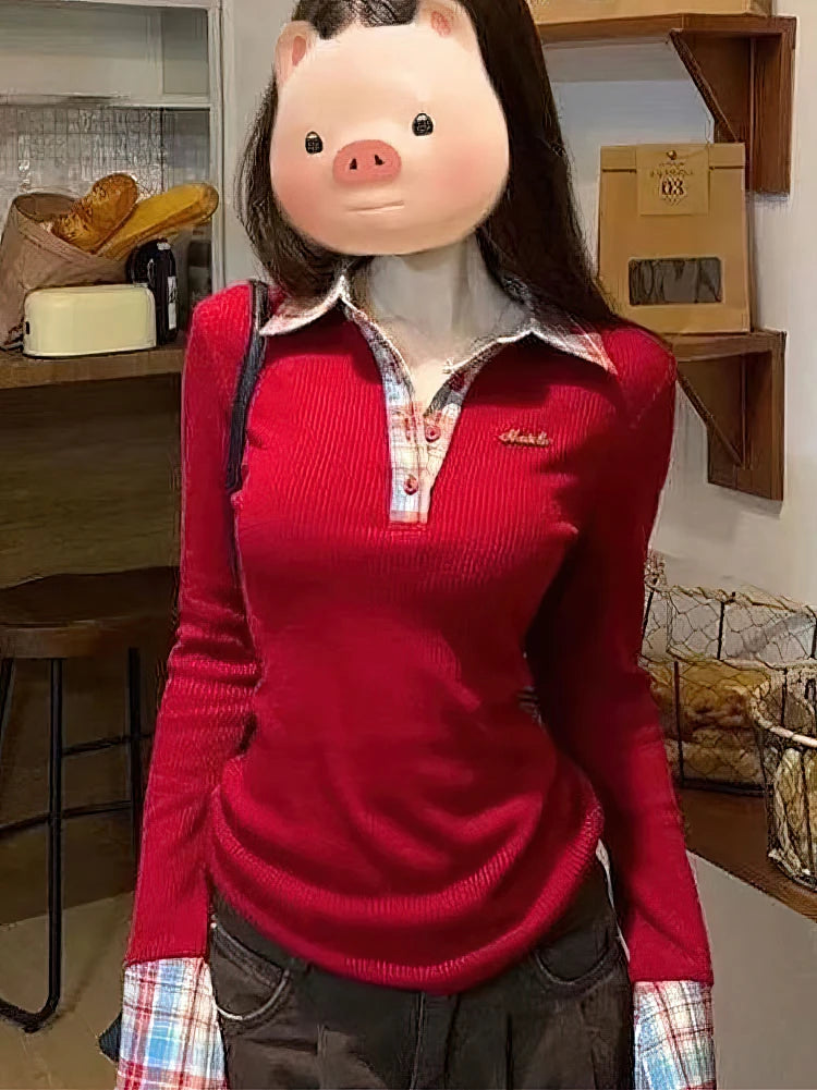 Preppy Polokragen Kariertes Langarm-Layered-T-Shirt für Damen, Fake Zweiteiler Basic Top mit V-Ausschnitt, Knopfbluse, Besticktes Oberteil